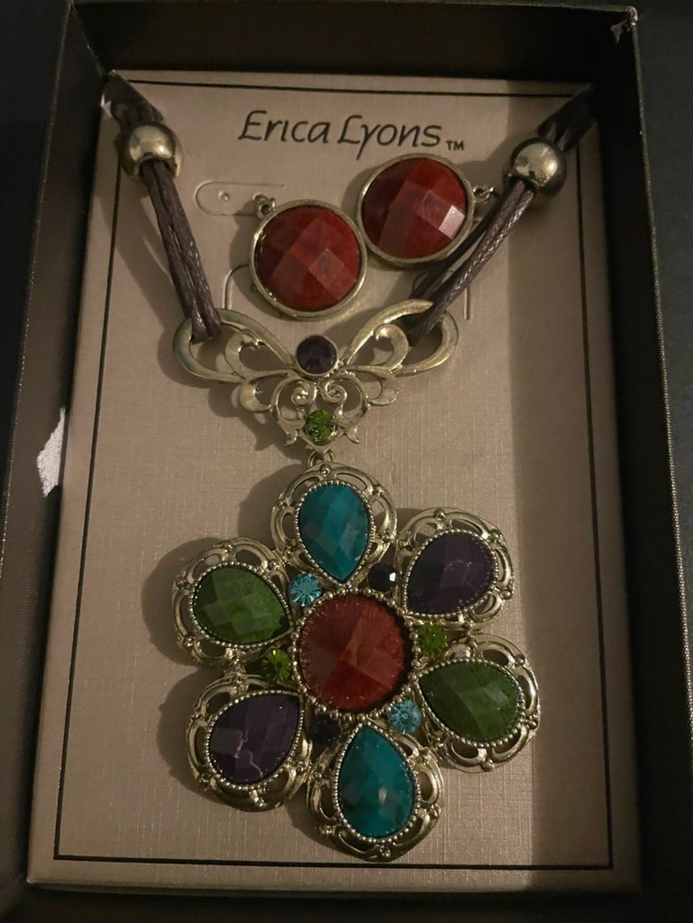 Erica Lyons Colorful Gem Floral Pendant Necklace with Red Studs